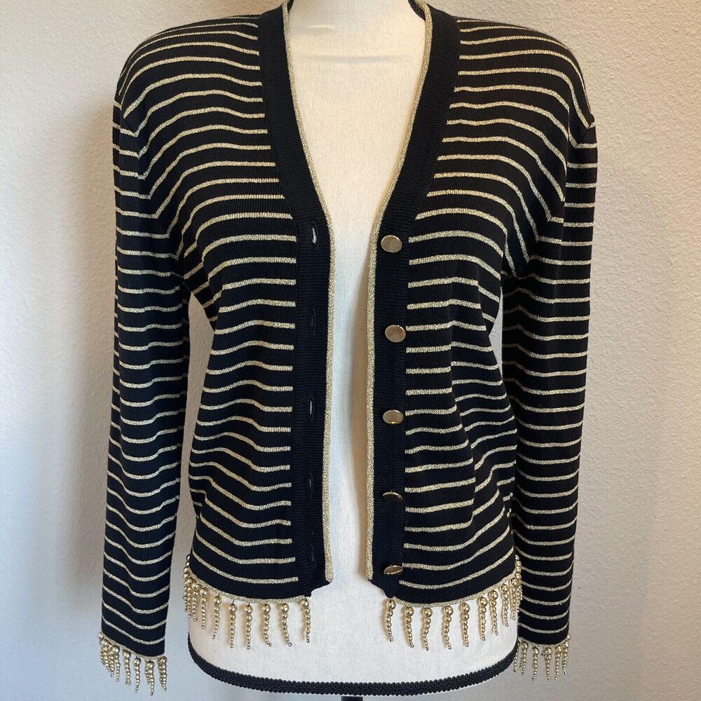 Anne Klein Vintage Black Metallic Gold Cardigan Beaded Accent Old Money Small